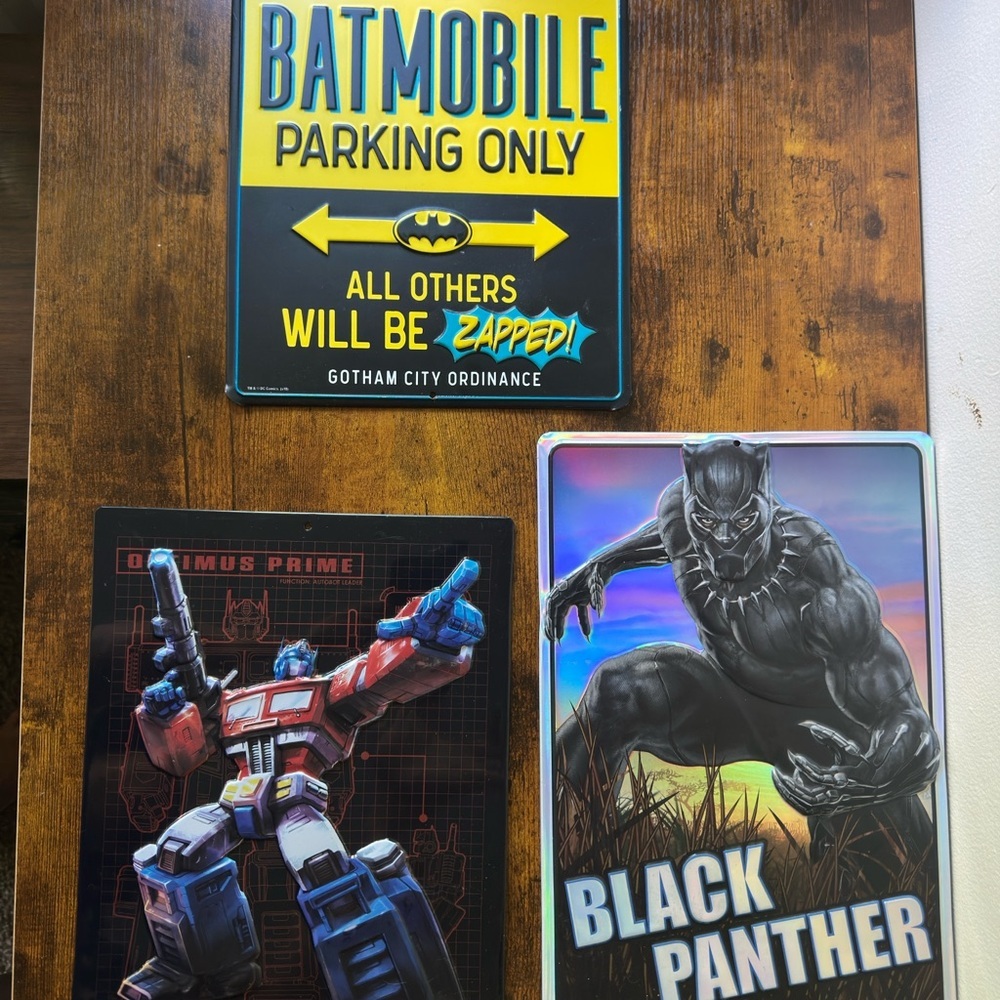 Superhero Wall Art Lot-Batman Batmobile Tin Sign, Optimus Prime & Black Panther
